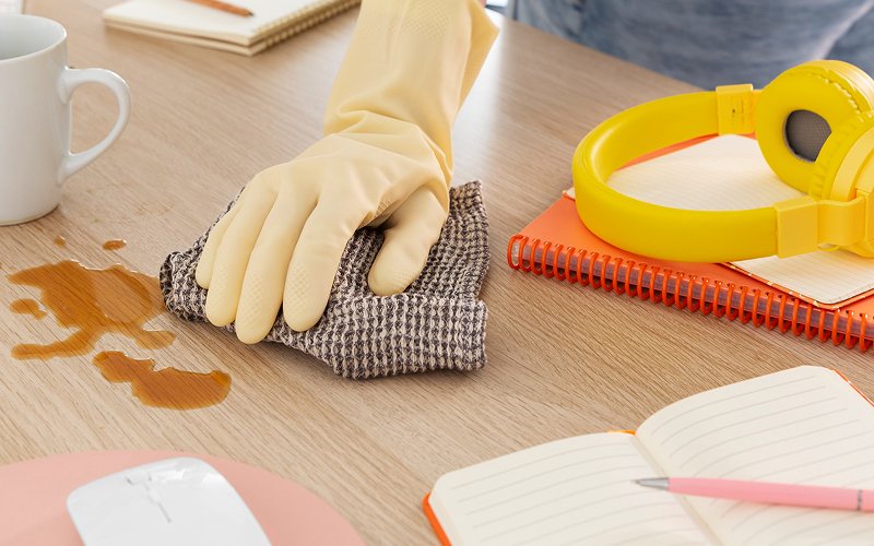 Cleaning a coffee spill as part of regular house cleaning.