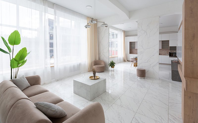 Pristine ceramic tile floors after Doctor Clean deep cleaning.