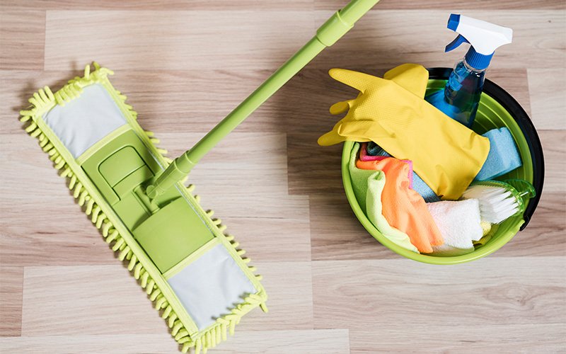 Safe cleaning supplies and flat mop for laminate floors.