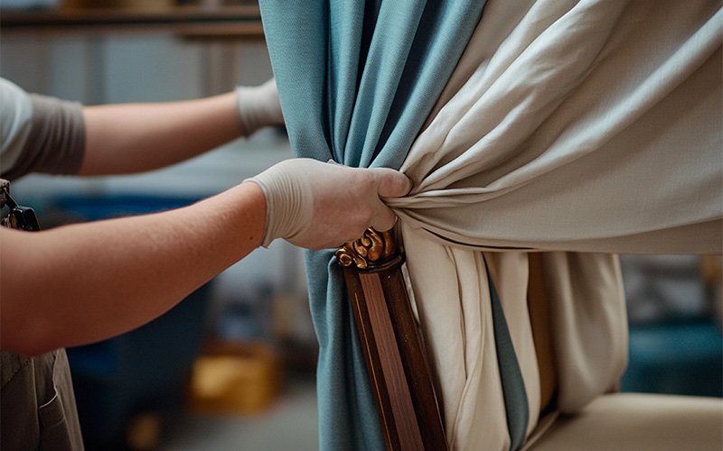 Handling delicate fabric during a professional curtain cleaning service.