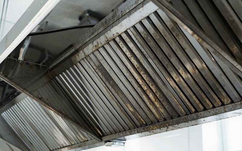 Dirty commercial kitchen hood filters covered in grease