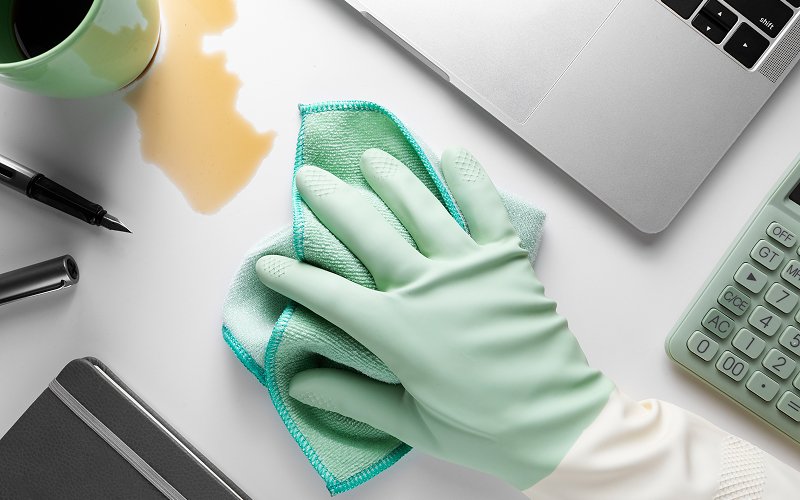 Gloved hand wiping spilled coffee on office desk surface.