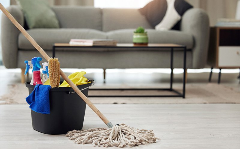 House cleaning supplies and a mop placed in a contemporary living room.