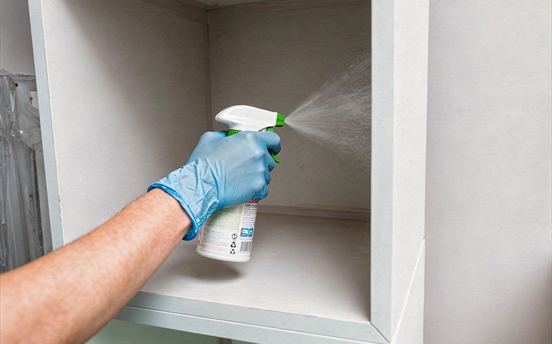 Professional technician applying a specialized spray treatment inside a cabinet.