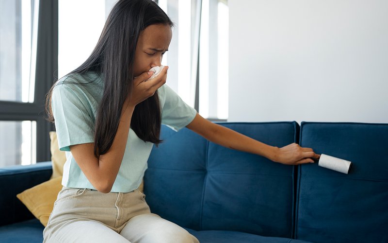 Woman sneezing due to poor indoor living conditions.